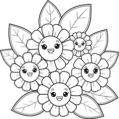 A delightful cluster of five smiling cartoon flowers surrounded by large green leaves in a circular