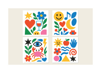 Nature and emotion flat icon set. featuring heart, smiley, flower, star, crab, apple, and music symbols