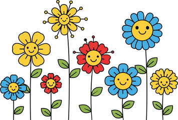Assortment of Colorful Cartoon Flowers with Smiling Faces on White Background