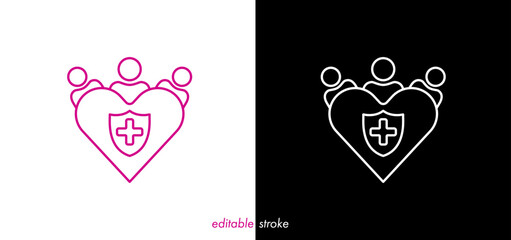 Editable stroke medical cross badge heart line art, people vector design to use for healthcare, hospital, healthy lifestyle, medical laboratory, medical science project.