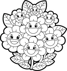 Black and white outline of happy cartoon flowers and leaves in a circular arrangement Keywords: black