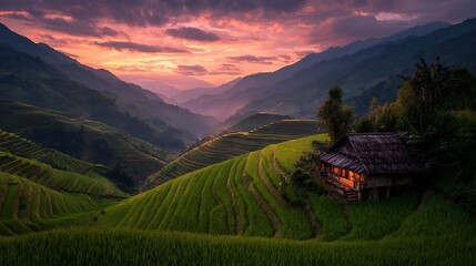 Serene hillside village at sunset, with rice terraces and a mountain backdrop