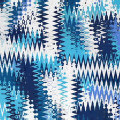 Abstract blue chevron pattern. Grunge zigzag texture resembling tie dye or ikat fabric. Modern geometric vector illustration suitable for textile design, fashion prints, wallpaper, scarf, textile.