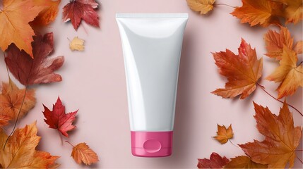 A white skincare tube with pink accents, surrounded by vibrant autumn leaves on a pink backdrop