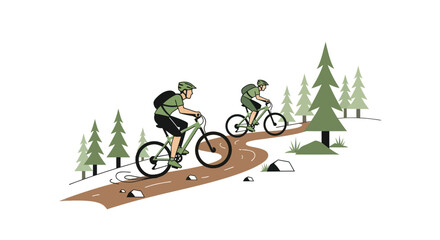 Two cyclists riding mountain bikes on a winding dirt trail through a forest. © malika