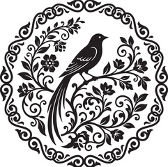 Black silhouette of a bird perched on a floral branch within an ornate circular frame Keywords: bird
