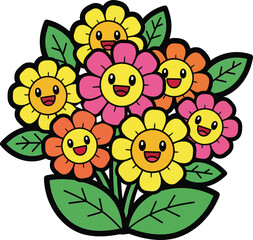 Bunch of happy cartoon flowers with smiling faces in yellow pink and orange with green leaves