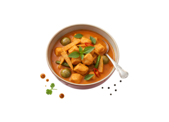 Delicious Thai Red Curry Chicken featuring bamboo shoots and eggplant
