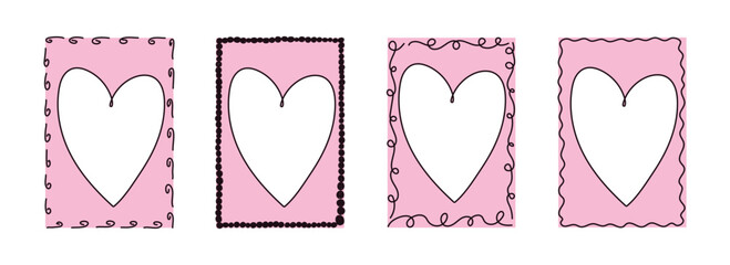 Whimsical red coquette valentine frames with hearts. Hand Drawn borders for Valentine's Day, birthday, wedding. Vintage minimalist elements in line art, doodle style. Isolated vector illustration.