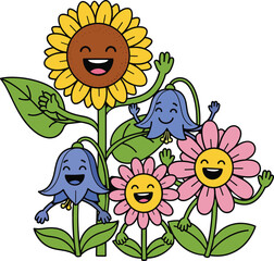 Cheerful cartoon sunflower and bluebell flowers waving happily with smiling faces Keywords: sunflower
