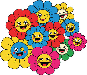 Cheerful cartoon flowers with happy faces in a vibrant cluster of red blue yellow and pink smiling