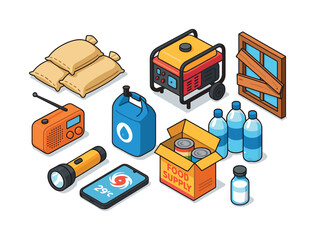 Emergency preparedness isometric icon set. featuring water, food, generator, radio, flashlight, phone