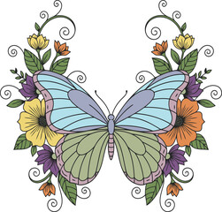 Colorful hand-drawn butterfly with blue and green wings amidst vibrant flowers and swirling vines