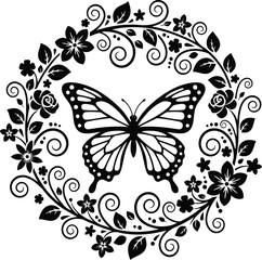 Detailed black silhouette circular floral wreath with a large central butterfly and swirling vines