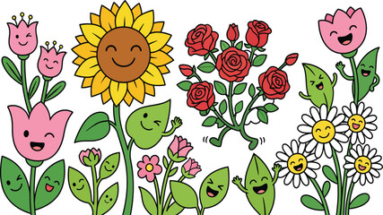 Diverse cartoon flowers and leaves with happy faces waving and smiling in a playful arrangement