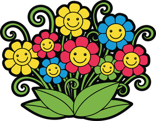 Happy cartoon flowers in a bouquet with smiling faces and swirling green stems and leaves