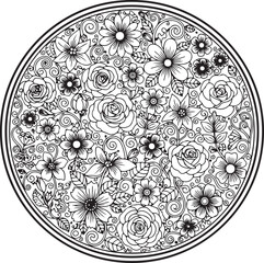 Intricate floral mandala with roses and swirling leaves in black outline on white flowers