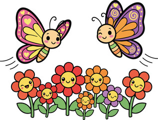 Two Happy Butterflies Flying Above a Row of Smiling Flowers on White