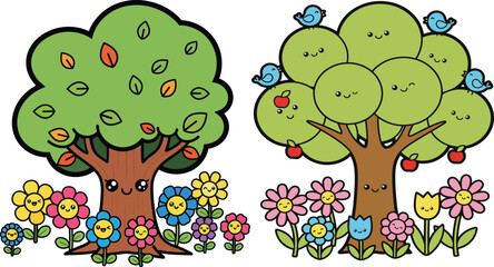 Two cute cartoon trees with smiling faces surrounded by colorful flowers and birds on a white background