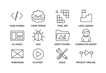 Fototapeta premium Game development linear icon set. featuring code symbol, game engine, pixel art, and level design