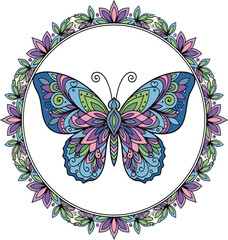 Vibrant blue butterfly with ornate patterned wings enclosed in a circular frame of colorful flowers and