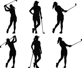 Obraz premium Female golfer silhouettes set in action poses, swinging golf club, sport movement, athletic performance, black white illustration collectionWeb