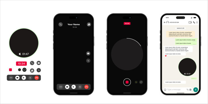 whatsapp Collection of modern smartphone user interface mockups displaying screens for video calls, instant messaging chat, and camera recording functions in a clean, 