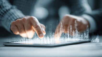 Hands interacting with a tablet visualizing smart city data