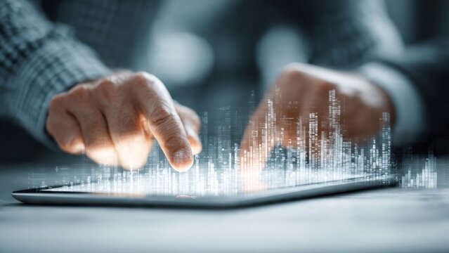 Hands interacting with a tablet visualizing smart city data - Powered by Adobe