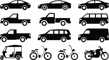 Fototapeta premium Transportation Vehicle Icon Set Featuring Cars, Trucks, Vans, Buses, Bicycles, Motorcycles and Urban Mobility Transport Symbols Design Collection Modern Flat