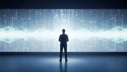 Business silhouette standing in front of a softly illuminated digital wall, simple futuristic style.