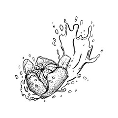 Mandarin orange in peel on juice splash vector illustration in black ink etching style. Hand drawn sweet ripe tangerine citrus flying in water splatter waves, juice drops graphic sketch.