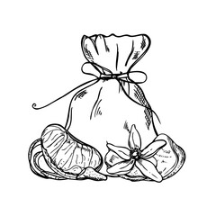 Dried fruits, citrus peel and flowers in cotton sack tied with rope vector isolated illustration. Monochrome aromatic sachet for storing fruit pieces, and fresh mandarin slices etching drawing.