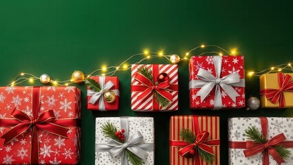Christmas gifts adorned with fairy lights on a dark green background creating a festive holiday display