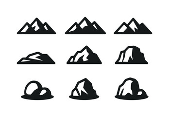 Nature silhouette icon set. featuring mountain, rock, boulder, and hill symbols