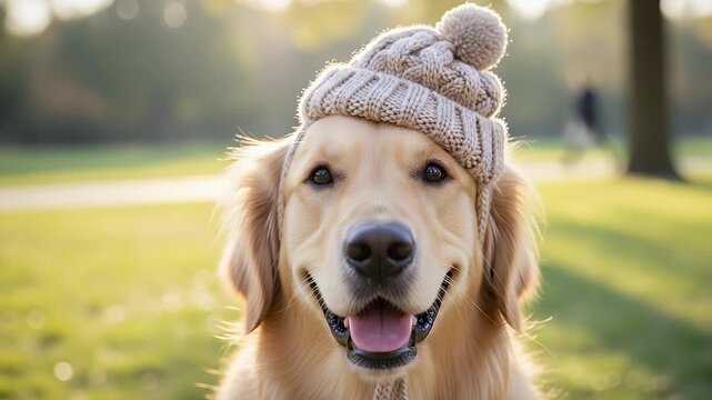 golden retriever wearing knit hat in sunny park