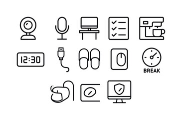 Office equipment linear icon set. featuring webcam, microphone, monitor, checklist, coffee maker, clock
