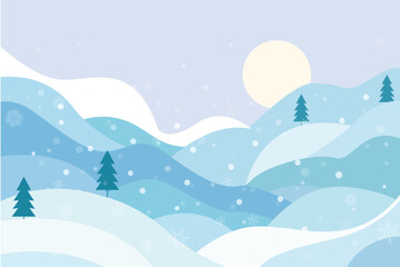 Winter Flat Vector Landscape Background with Snowy Hills and Pine Trees