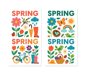 Spring elements flat icon set. featuring flowers, birds, rain, clouds, bicycle, and more