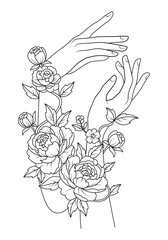 Elegant female hand holding blooming peonies with decorative scrolls. Minimalist black and white line art tattoo design. illustration.