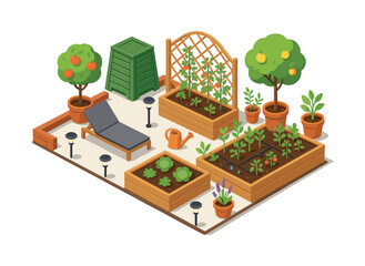 Gardening flat icon set. featuring spade, watering can, plant, flowerpot, compost bin, trellis, and vegetable bed symbols