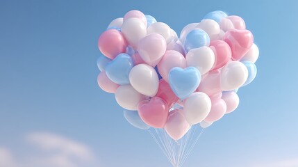 A cluster of pastel-colored balloons shaped into a heart floating against a clear blue sky