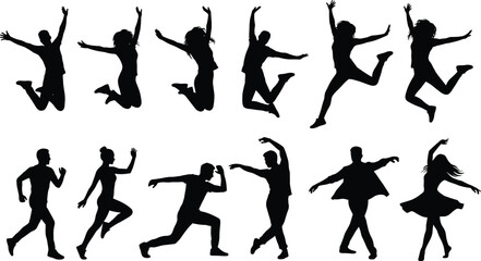 Jumping and dancing people silhouettes set expressing freedom, joy and movement, energetic lifestyle actions, dynamic poses, black white illustrationWeb