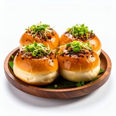 Gourmet sliders with vibrant green garnish served on wooden plate, on white background