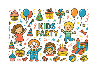 Kids party flat icon set. featuring cake, balloons, clown, gifts, confetti, and games symbols