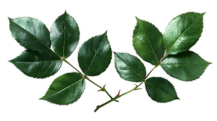 Two rose stems with dark green leaves and thorns branches