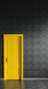 A singular vibrant yellow door contrasts sharply with the intricate geometric pattern of the surrounding monochrome black and white wallpaper ,isolated, vibrant, bright