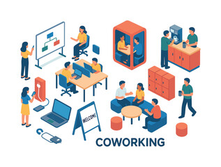 Coworking flat icon set. featuring laptop, meeting pods, coffee machine, office desk, and welcome sign.