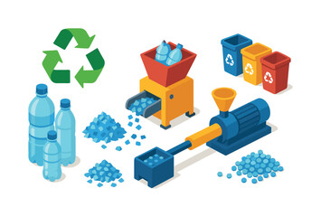 Recycling process flat icon set. featuring bottle crushing, sorting bins, pellet production, and recycle symbol