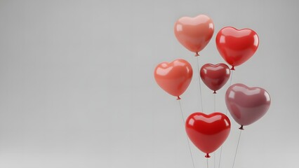 A cluster of vibrant heart shaped balloons against a soft gray backdrop